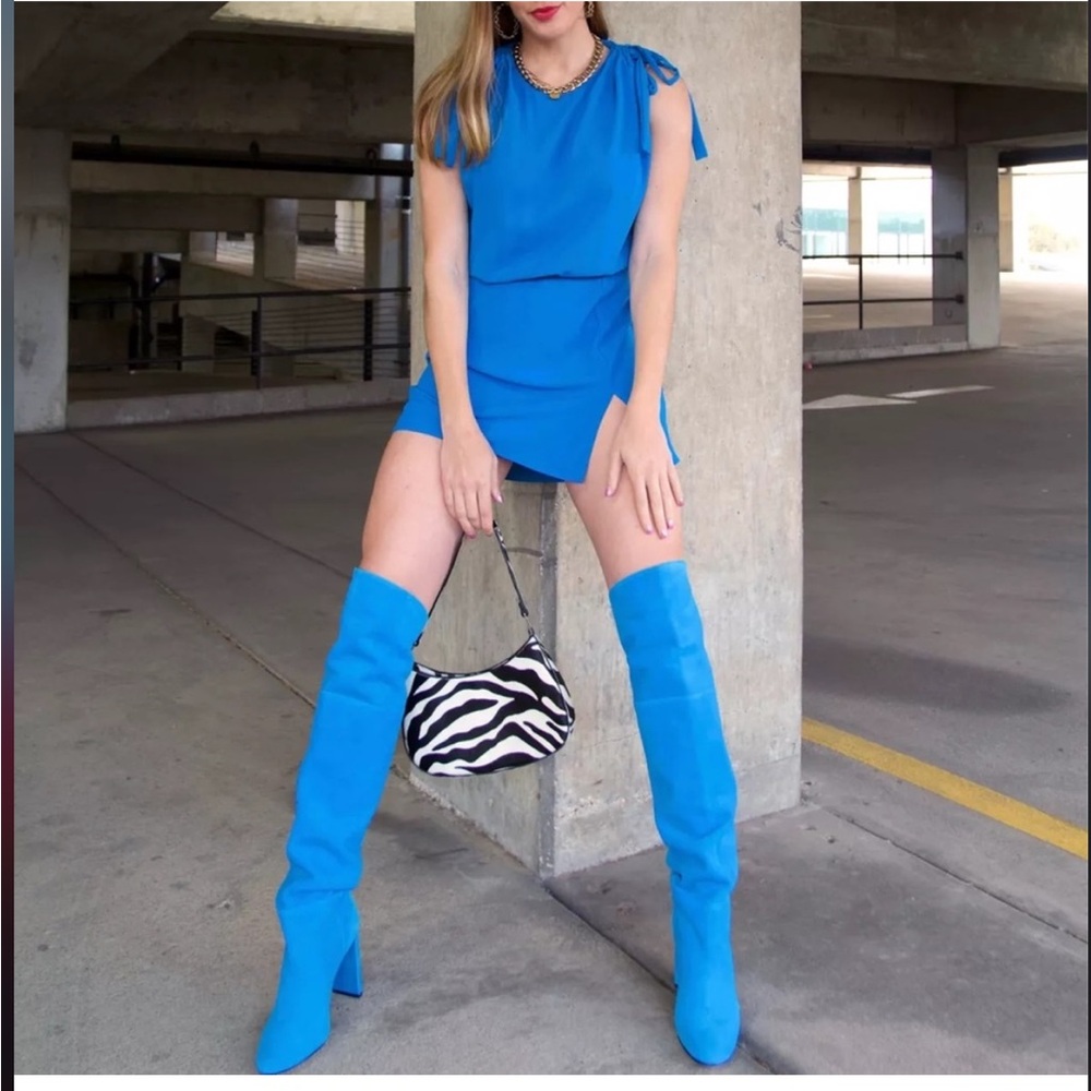Schutz Augustine Over-the-Knee Hi Heel Suede Boots Azure Citric Blue Size 8.5